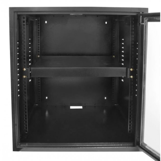 Mini Rack de Parede Com 2 Planos 12U X 570 mm (53,34 cm x 57 cm*) e Bandeja Fixa Ventilada 1U X 400 mm com 4 Pontos de Fixação Instalada - Preto - INSTRUFIBER