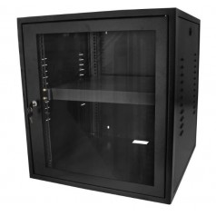 Mini Rack de Parede Com 2 Planos 12U X 570 mm (53,34 cm x 57 cm*) e Bandeja Fixa Ventilada 1U X 400 mm com 4 Pontos de Fixação Instalada - Preto - INSTRUFIBER