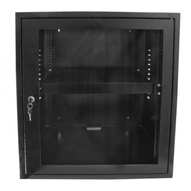 Mini Rack de Parede Com 2 Planos 12U X 570 mm (53,34 cm x 57 cm*) e Bandeja Fixa Ventilada 1U X 400 mm com 4 Pontos de Fixação Instalada - Preto - INSTRUFIBER