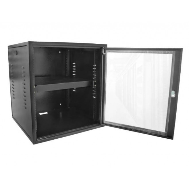 Mini Rack de Parede Com 2 Planos 12U X 570 mm (53,34 cm x 57 cm*) e Bandeja Fixa Ventilada 1U X 400 mm com 4 Pontos de Fixação Instalada - Preto - INSTRUFIBER