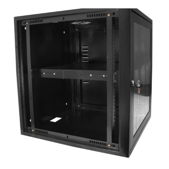 Mini Rack de Parede Com 2 Planos 12U X 570 mm (53,34 cm x 57 cm*) e Bandeja Fixa Ventilada 1U X 400 mm com 4 Pontos de Fixação Instalada - Preto - INSTRUFIBER